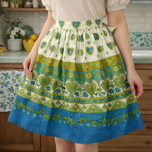 60s Handmade Cotton Half Apron Love Birds Hearts Blue Green